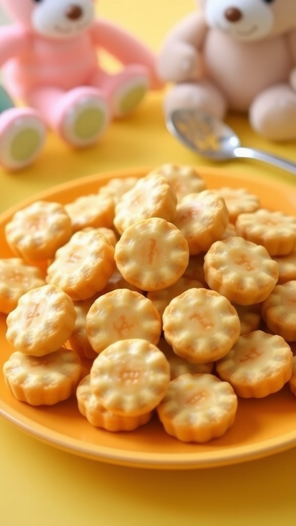 Plate of soft banana oatmeal bites for baby snack, surrounded by a cheerful mealtime setting.